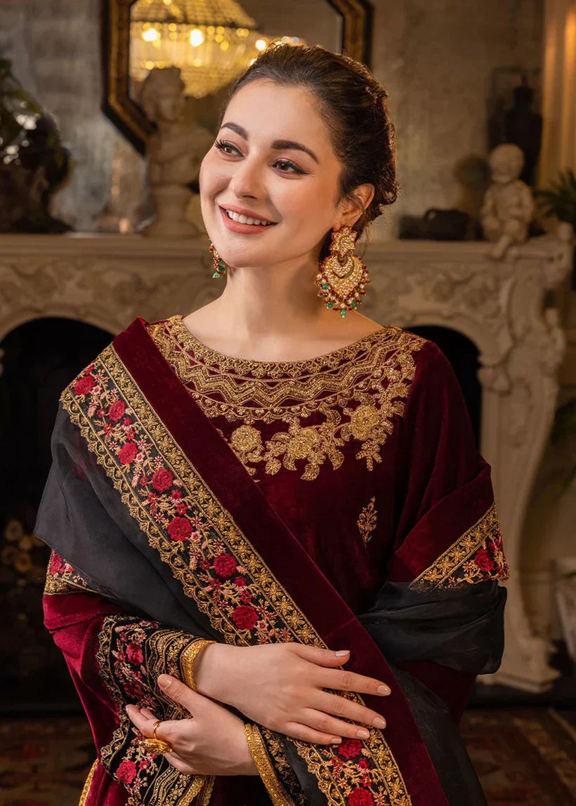 Luxury Maroon Embroidered 3 Piece Velvet Suit with Embroidered Shawl for Women