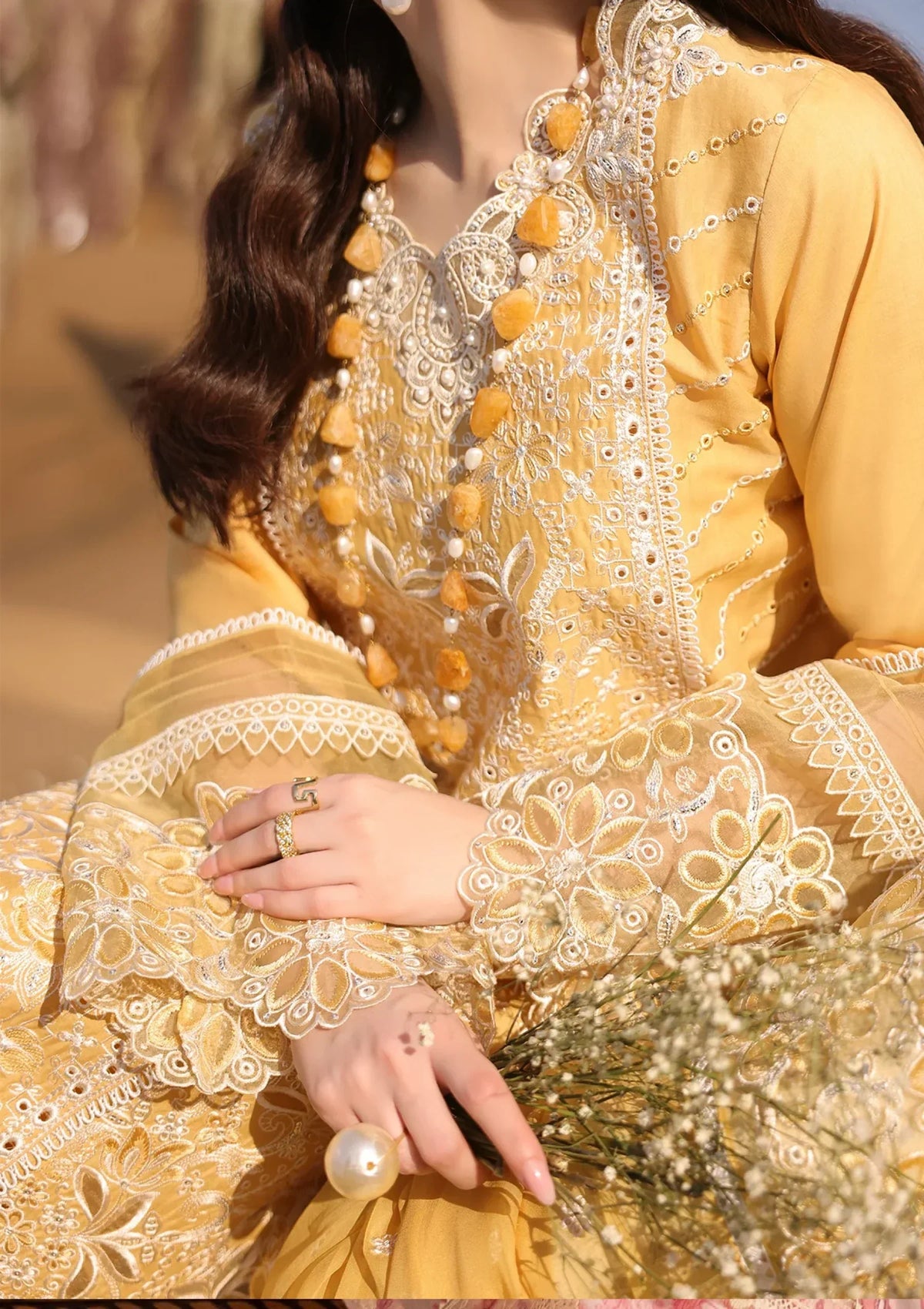 Luxury Mustard Yellow Embroidered 3 Piece Lawn Suit with Cutwork Dupatta for Women