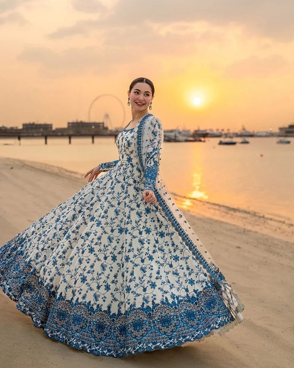 White & Blue Floral Printed Anarkali Dress for Women