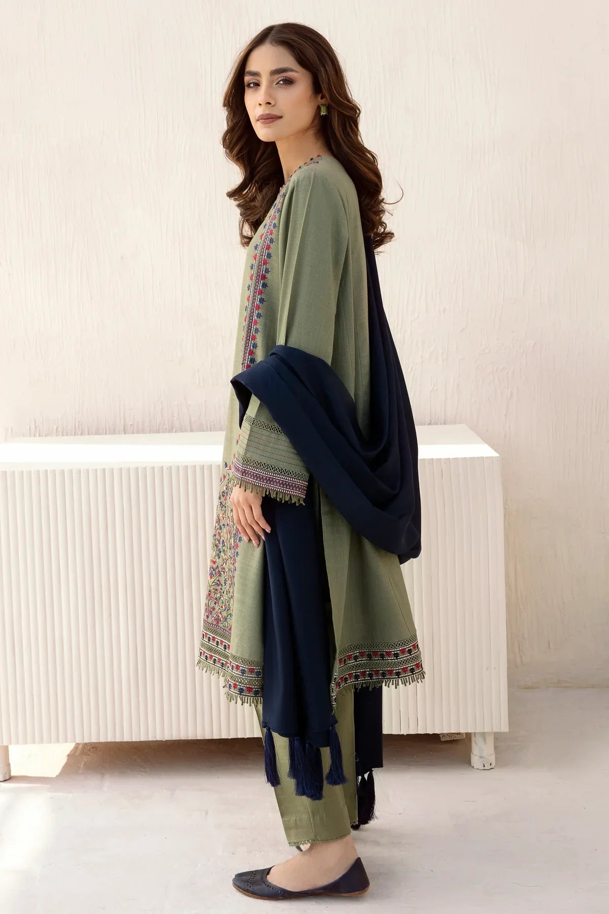 Elegant Olive Green Embroidered 3 Piece Lawn Suit with Navy Blue Dupatta for Women