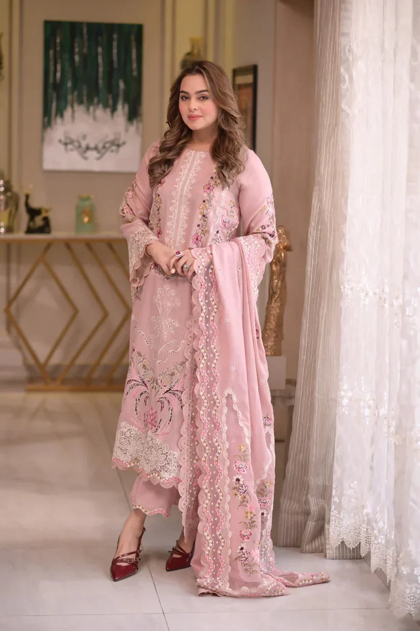 Elegant Blush Pink Embroidered 3 Piece Lawn Suit with Floral Embroidered Dupatta for Women