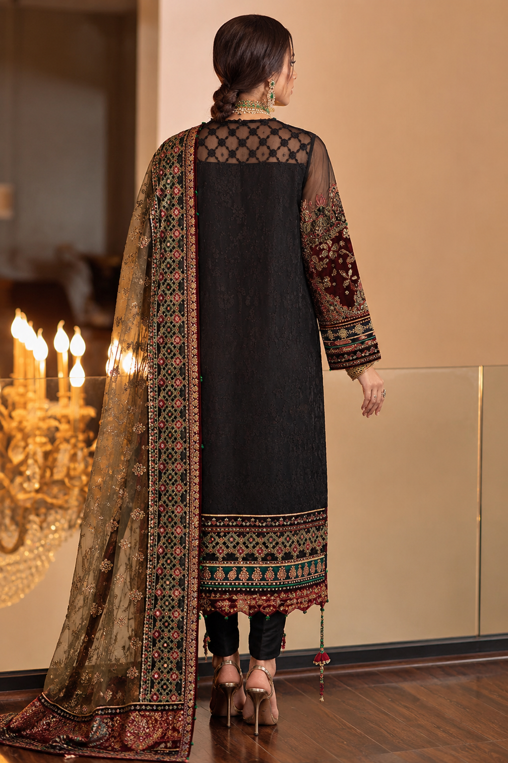 Luxury Black Embroidered 3-Piece Pakistani Lawn Suit with Organza Dupatta | Premium Women's Unstitched Eid & Festive Wear