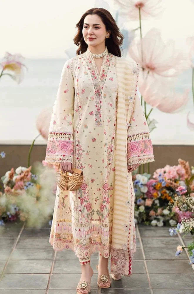 Elegant Ivory Floral Embroidered 3-Piece Pakistani Lawn Suit with Printed Dupatta | Luxury Women's Festive & Summer Wear