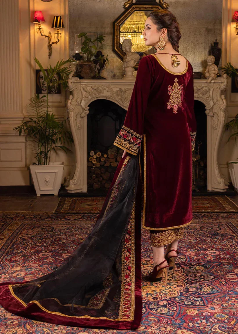 Luxury Maroon Embroidered 3 Piece Velvet Suit with Embroidered Shawl for Women