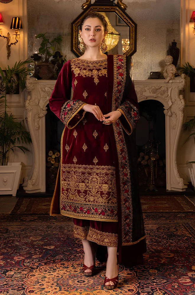 Luxury Maroon Embroidered 3 Piece Velvet Suit with Embroidered Shawl for Women