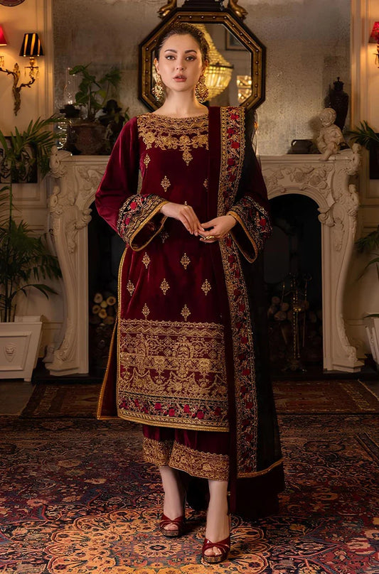 Luxury Maroon Embroidered 3 Piece Velvet Suit with Embroidered Shawl for Women