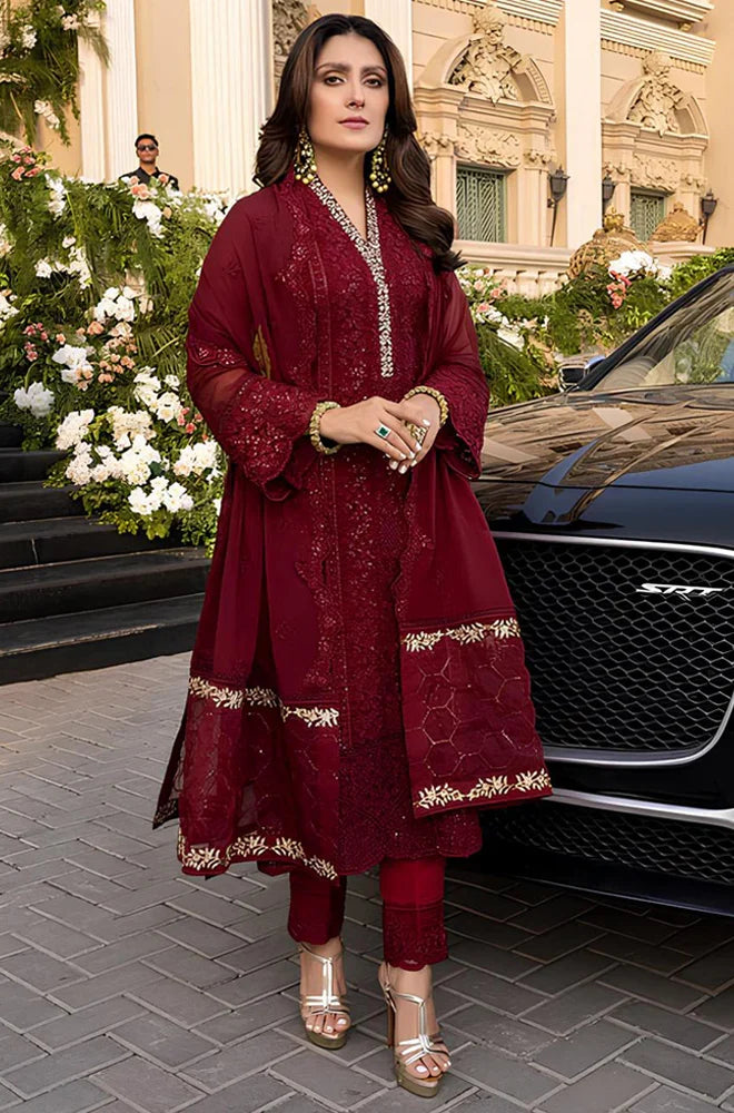 Luxury Maroon Embroidered 3 Piece Suit for Women