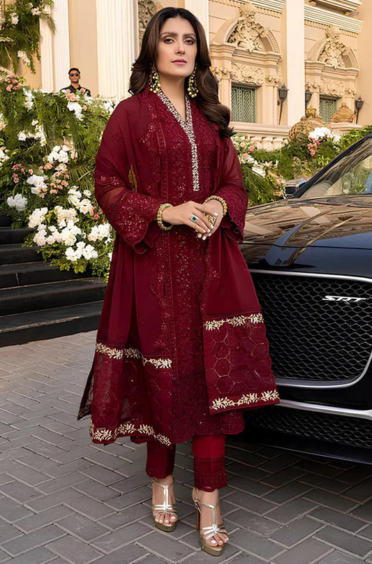 Luxury Maroon Embroidered 3 Piece Suit for Women