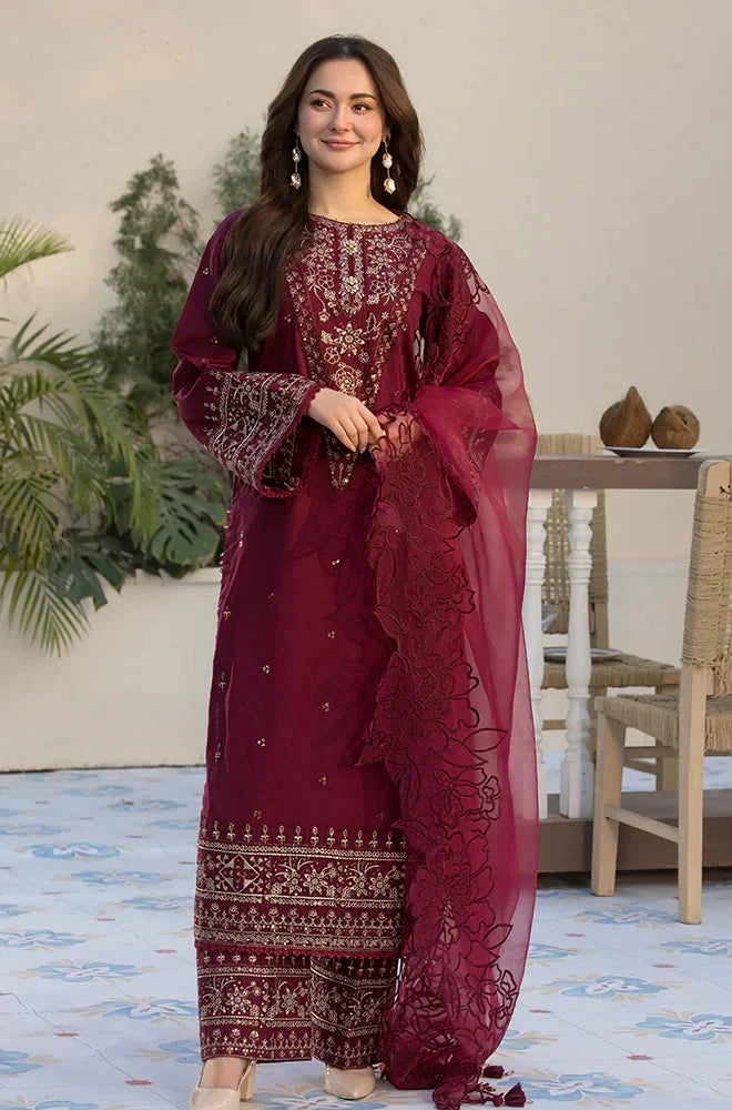 Luxury Maroon Embroidered 3 Piece Suit for Women