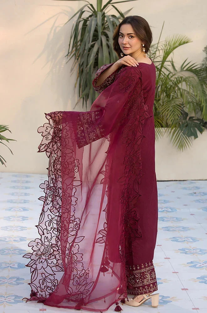 Luxury Maroon Embroidered 3 Piece Suit for Women