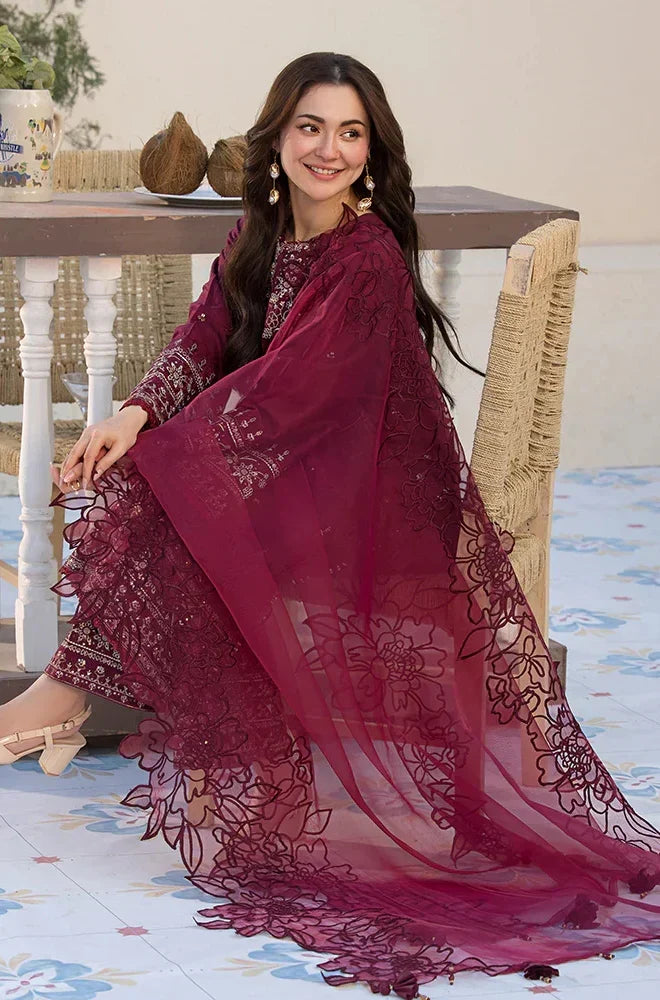 Luxury Maroon Embroidered 3 Piece Suit for Women