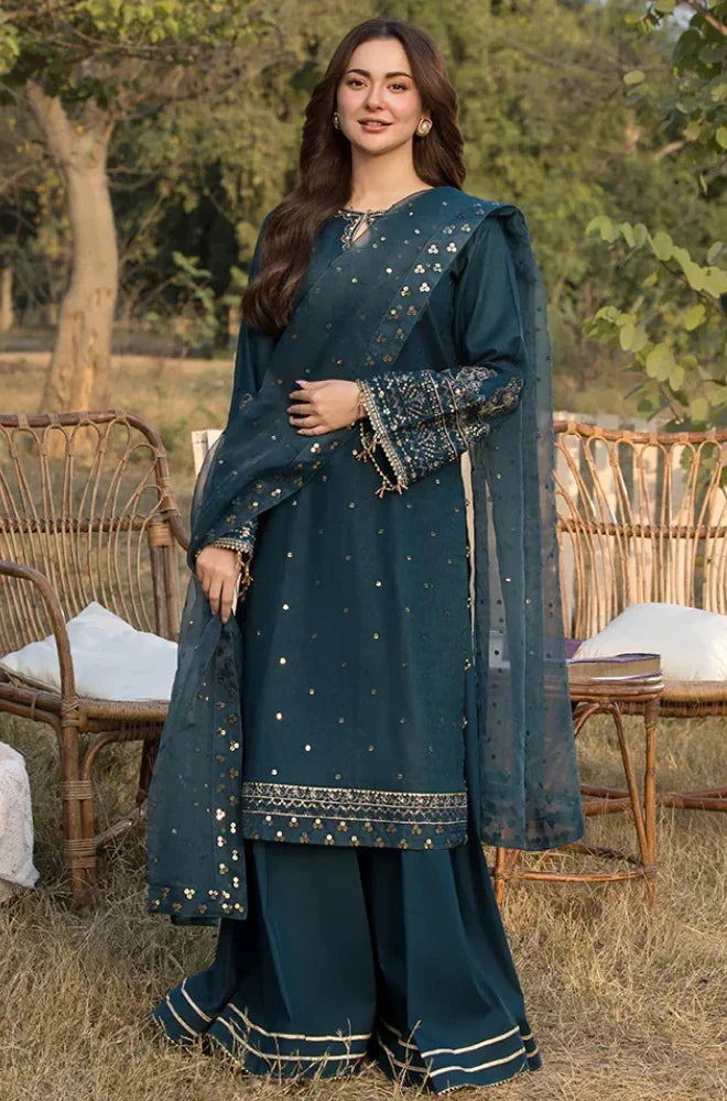 Luxury Teal Blue Embellished 3 Piece Lawn Suit with Embroidered Organza Dupatta for Women