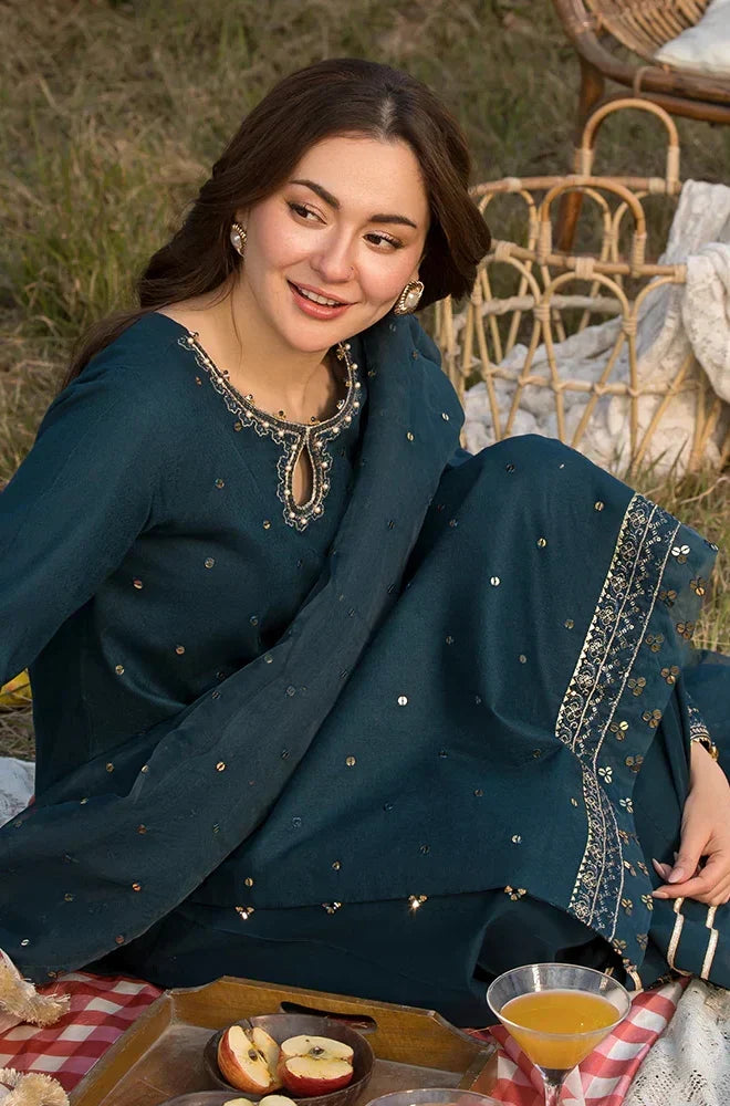 Luxury Teal Blue Embellished 3 Piece Lawn Suit with Embroidered Organza Dupatta for Women
