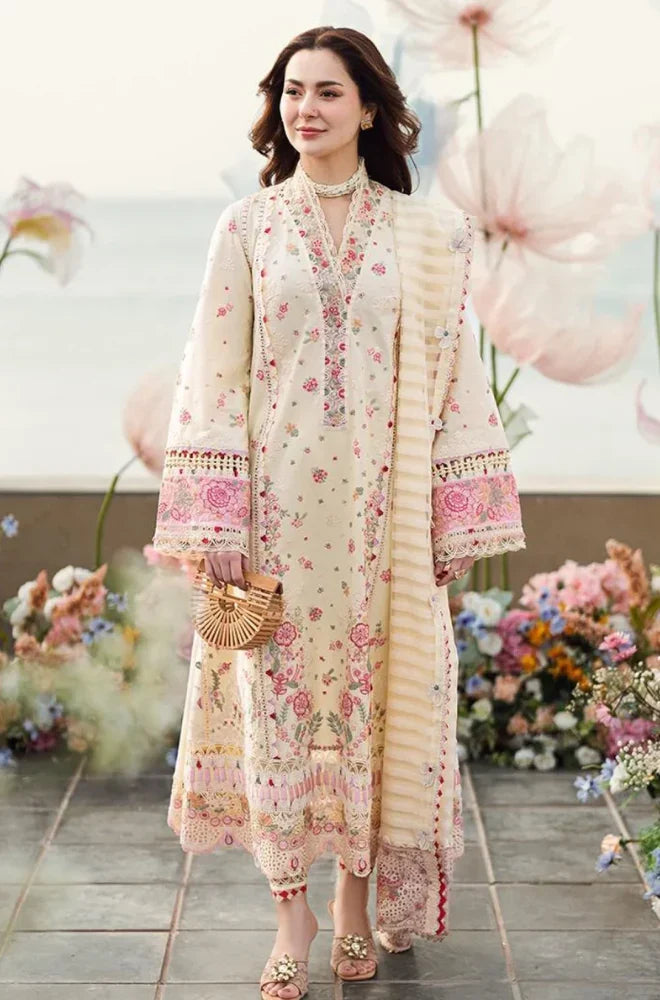 Elegant Ivory Floral Embroidered 3-Piece Pakistani Lawn Suit with Printed Dupatta | Luxury Women's Festive & Summer Wear