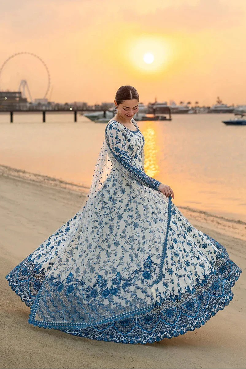 White & Blue Floral Printed Anarkali Dress for Women