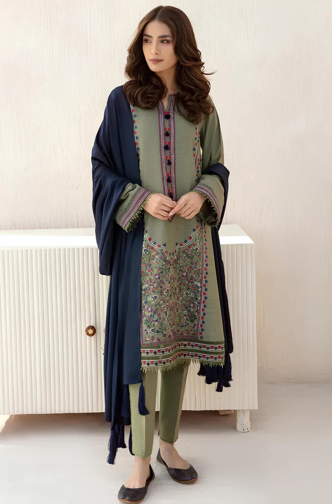 Elegant Olive Green Embroidered 3 Piece Lawn Suit with Navy Blue Dupatta for Women