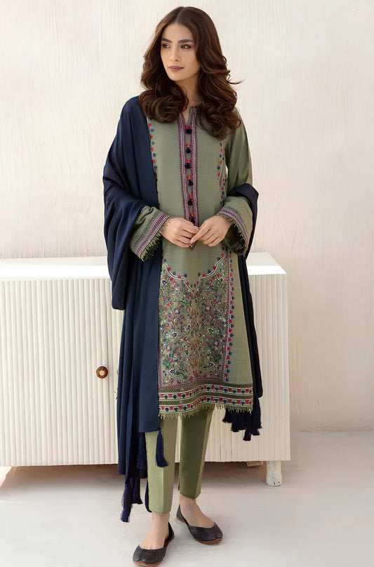 Elegant Olive Green Embroidered 3 Piece Lawn Suit with Navy Blue Dupatta for Women