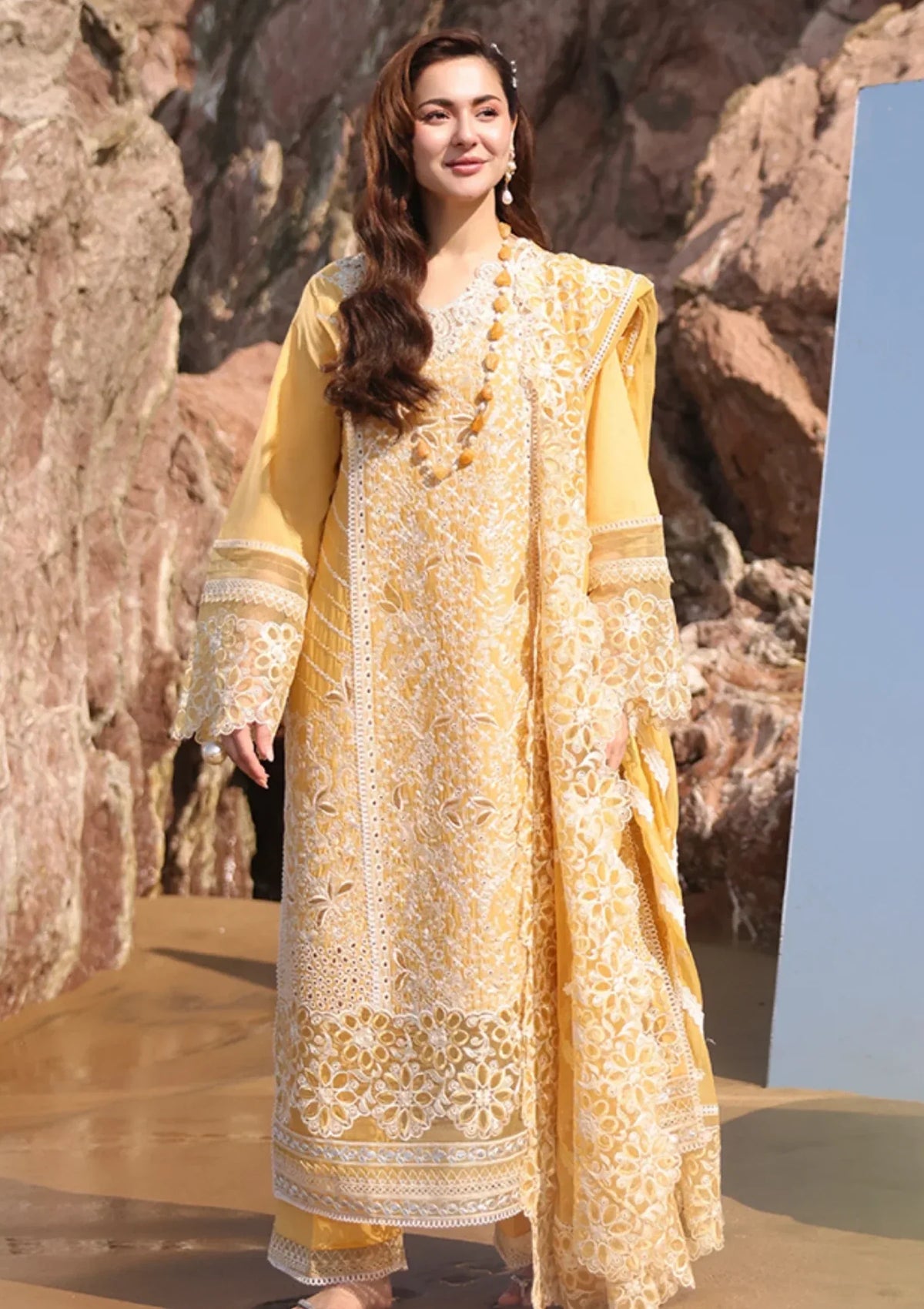 Luxury Mustard Yellow Embroidered 3 Piece Lawn Suit with Cutwork Dupatta for Women