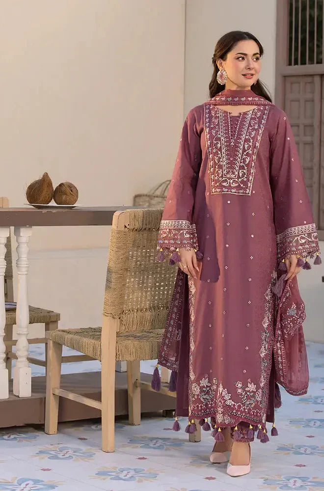 Elegant Mauve Embroidered 3 Piece Lawn Suit with Embroidered Dupatta for Women