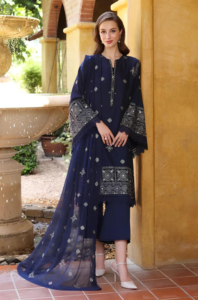 Luxury Navy Blue Embroidered 3-Piece Pakistani Suit with Chiffon Dupatta | Premium Women's Formal & Festive Wear