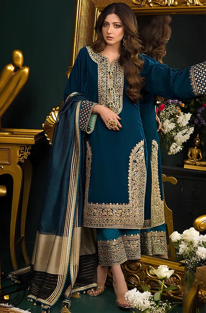 Luxury Teal Blue Embroidered 3-Piece Pakistani Velvet Suit with Jacquard Shawl | Premium Women's Wedding & Festive Wear