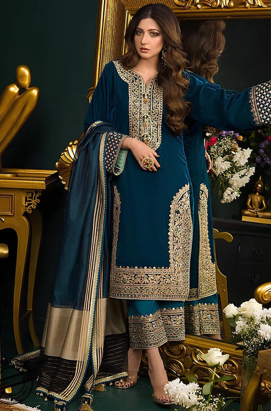 Luxury Teal Blue Embroidered 3-Piece Pakistani Velvet Suit with Jacquard Shawl | Premium Women's Wedding & Festive Wear