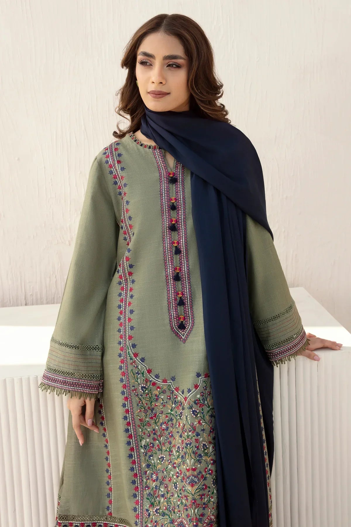 Elegant Olive Green Embroidered 3 Piece Lawn Suit with Navy Blue Dupatta for Women