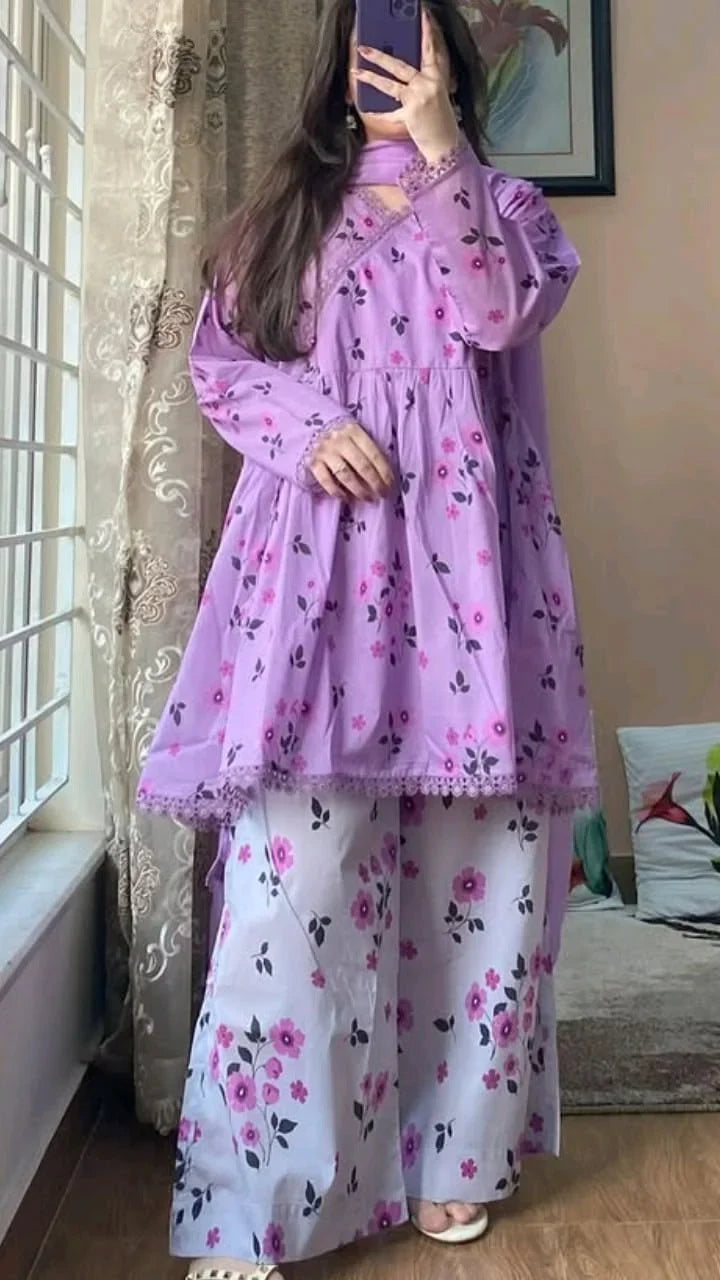 Women's Lavender Floral Printed 3-Piece Lawn Suit – Soft Summer Kurta with Printed Palazzo & Chiffon Dupatta | Elegant Casual & Festive Wear