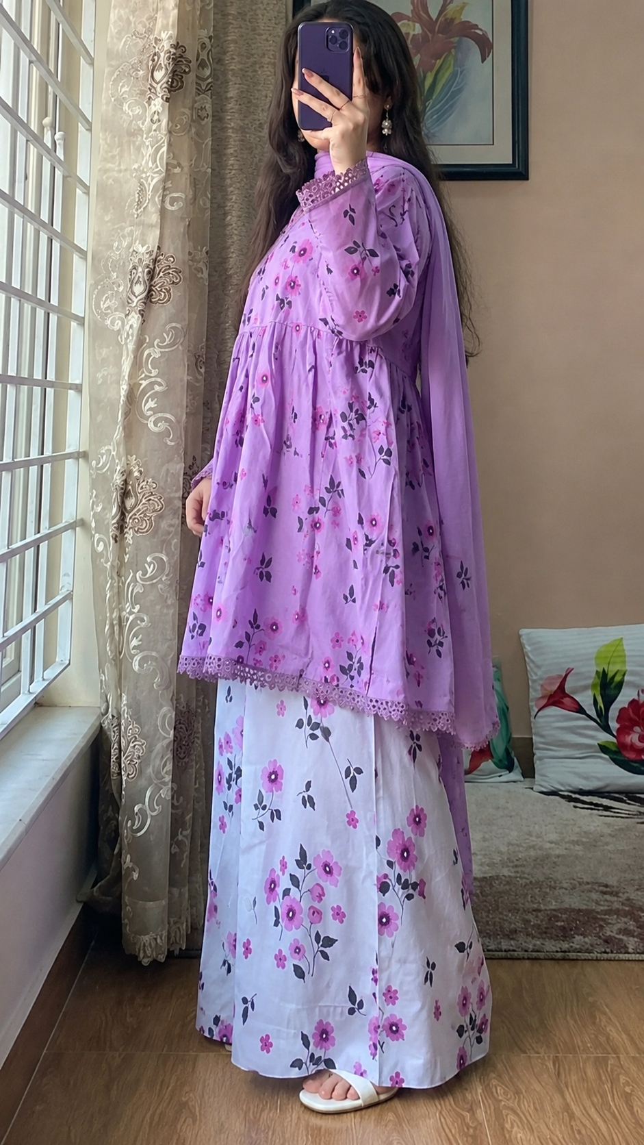 Women's Lavender Floral Printed 3-Piece Lawn Suit – Soft Summer Kurta with Printed Palazzo & Chiffon Dupatta | Elegant Casual & Festive Wear