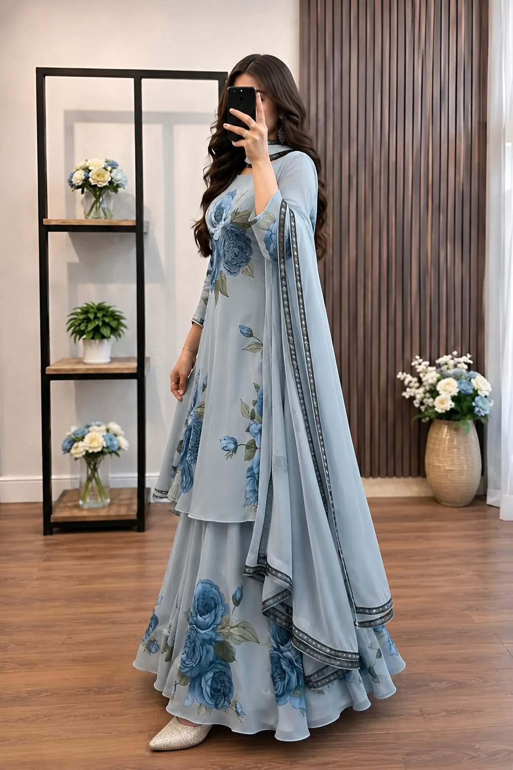 Elegant Sky Blue Floral Printed Georgette Sharara Suit with Dupatta for Women | Party Wear Ethnic Set