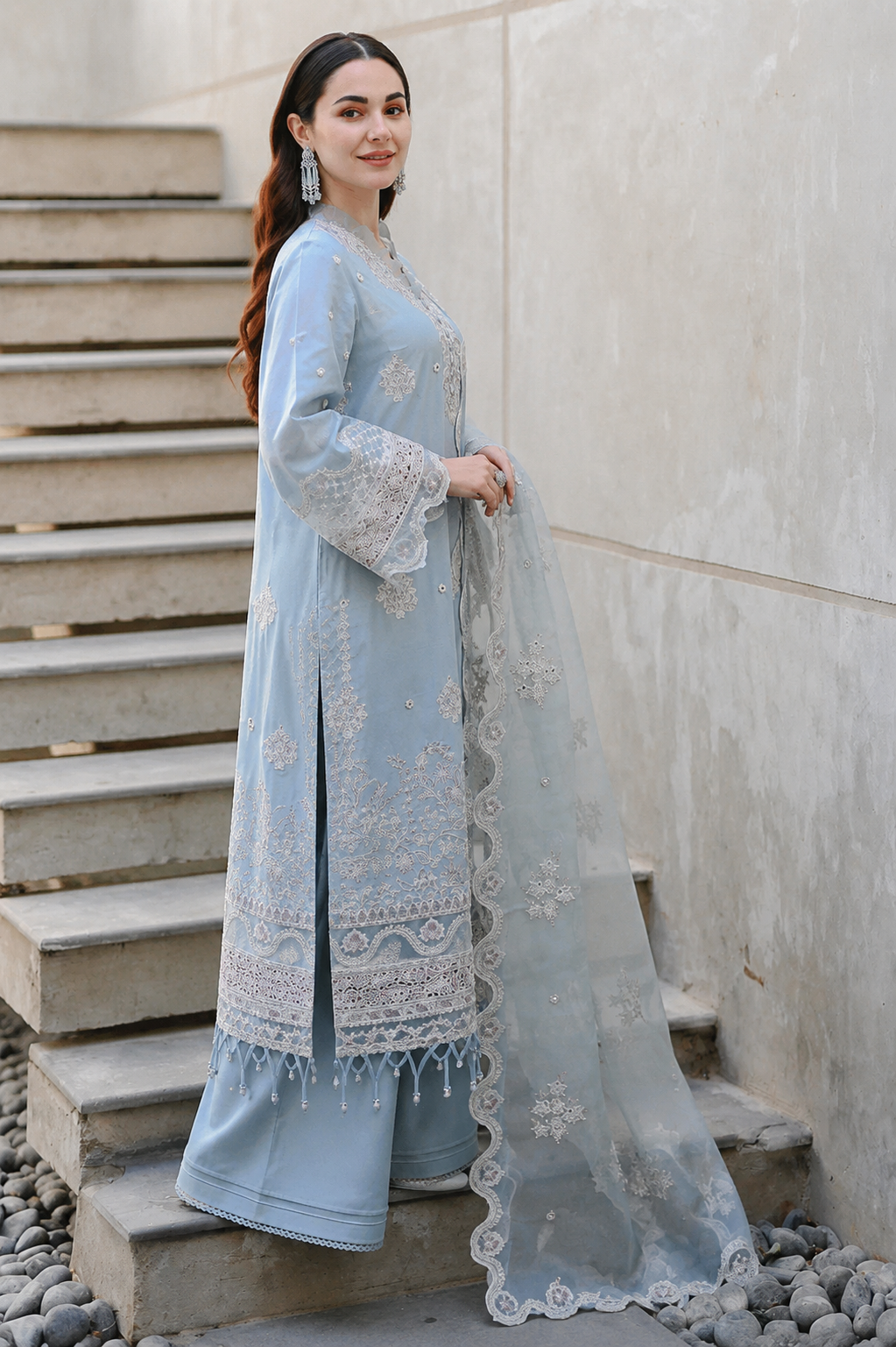 Ice Blue Embroidered 3 Piece Suit for Women