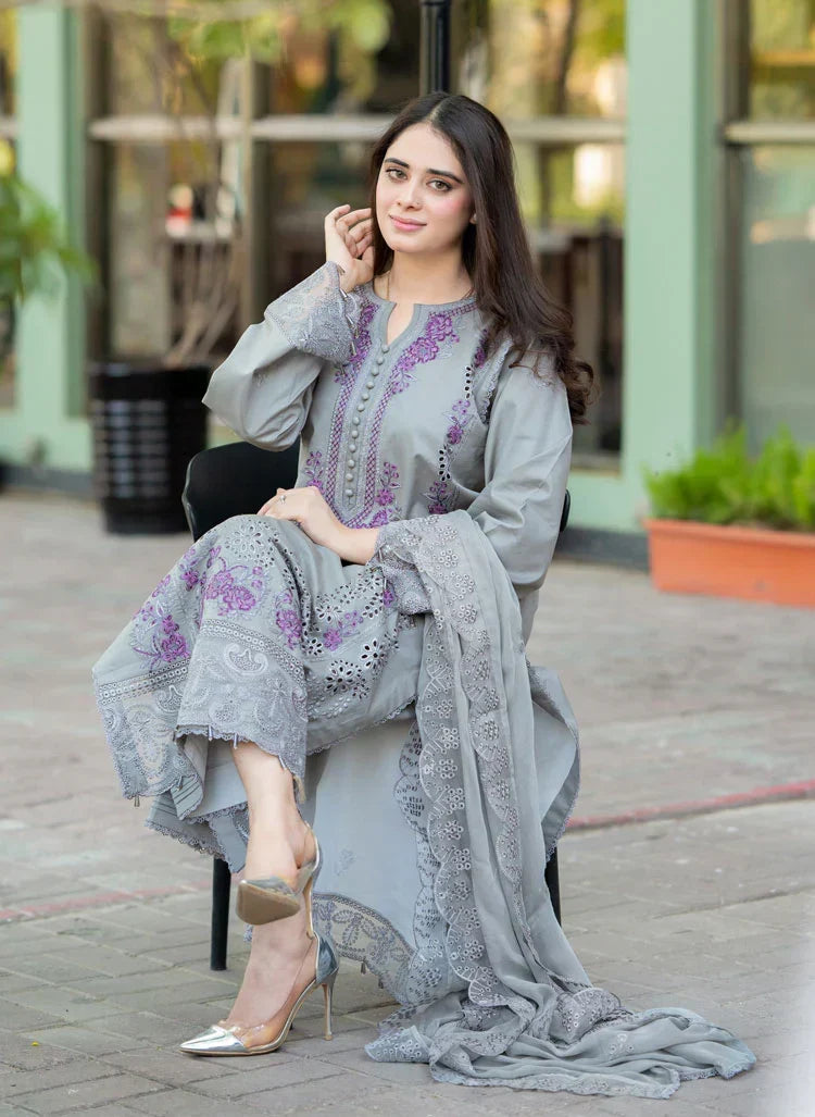 Elegant Grey Embroidered 3 Piece Lawn Suit with Embroidered Chiffon Dupatta for Women