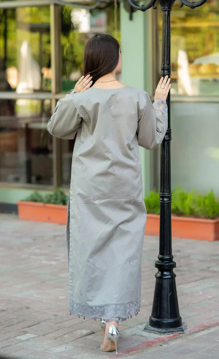 Elegant Grey Embroidered 3 Piece Lawn Suit with Embroidered Chiffon Dupatta for Women