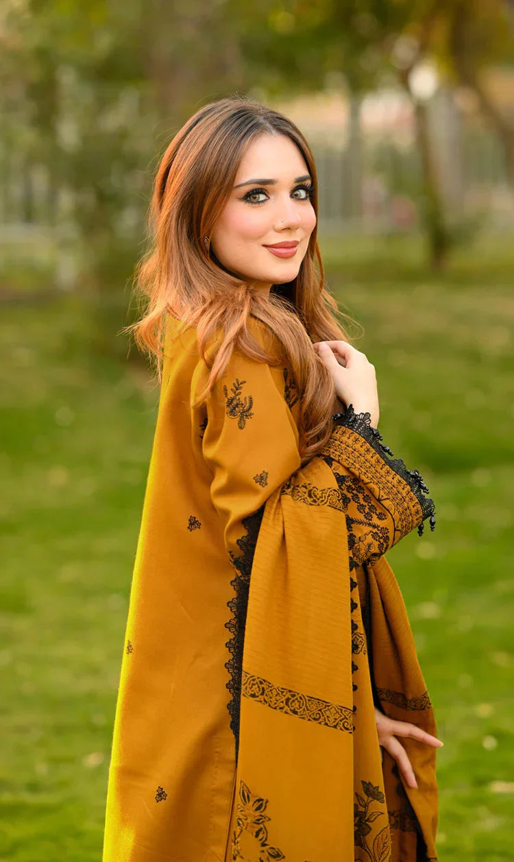 Elegant Mustard Yellow Embroidered 3-Piece Pakistani Lawn Suit with Printed Shawl | Premium Women's Winter & Festive Wear