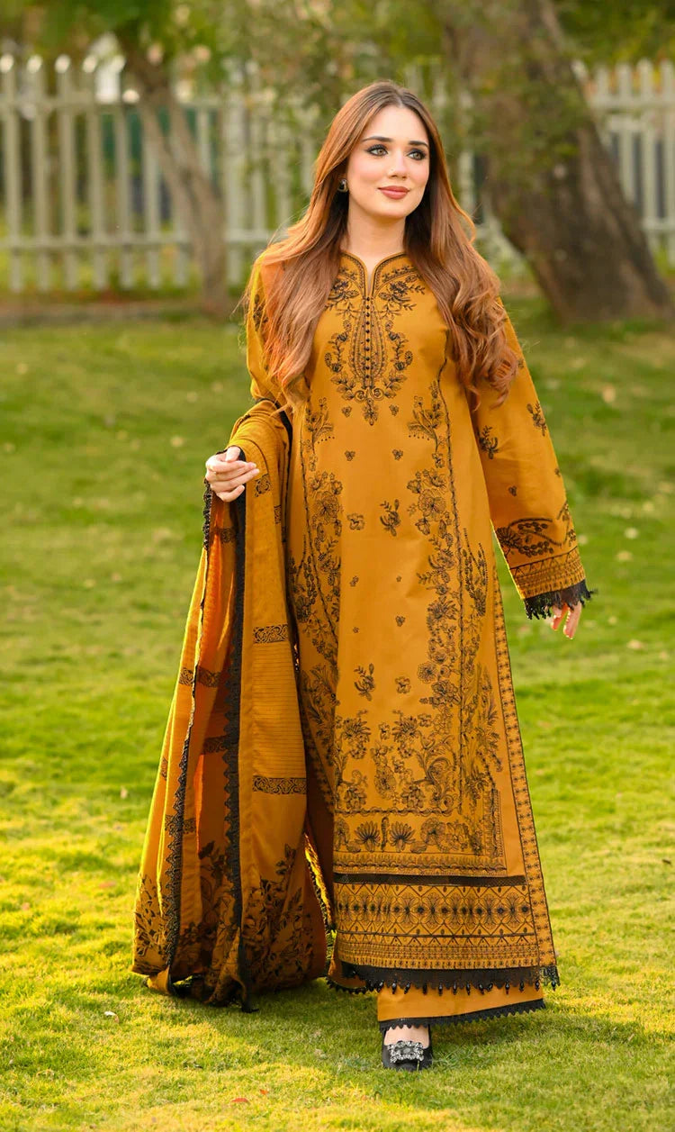 Elegant Mustard Yellow Embroidered 3-Piece Pakistani Lawn Suit with Printed Shawl | Premium Women's Winter & Festive Wear