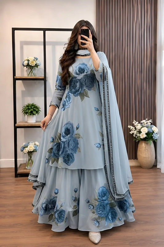 Elegant Sky Blue Floral Printed Georgette Sharara Suit with Dupatta for Women | Party Wear Ethnic Set