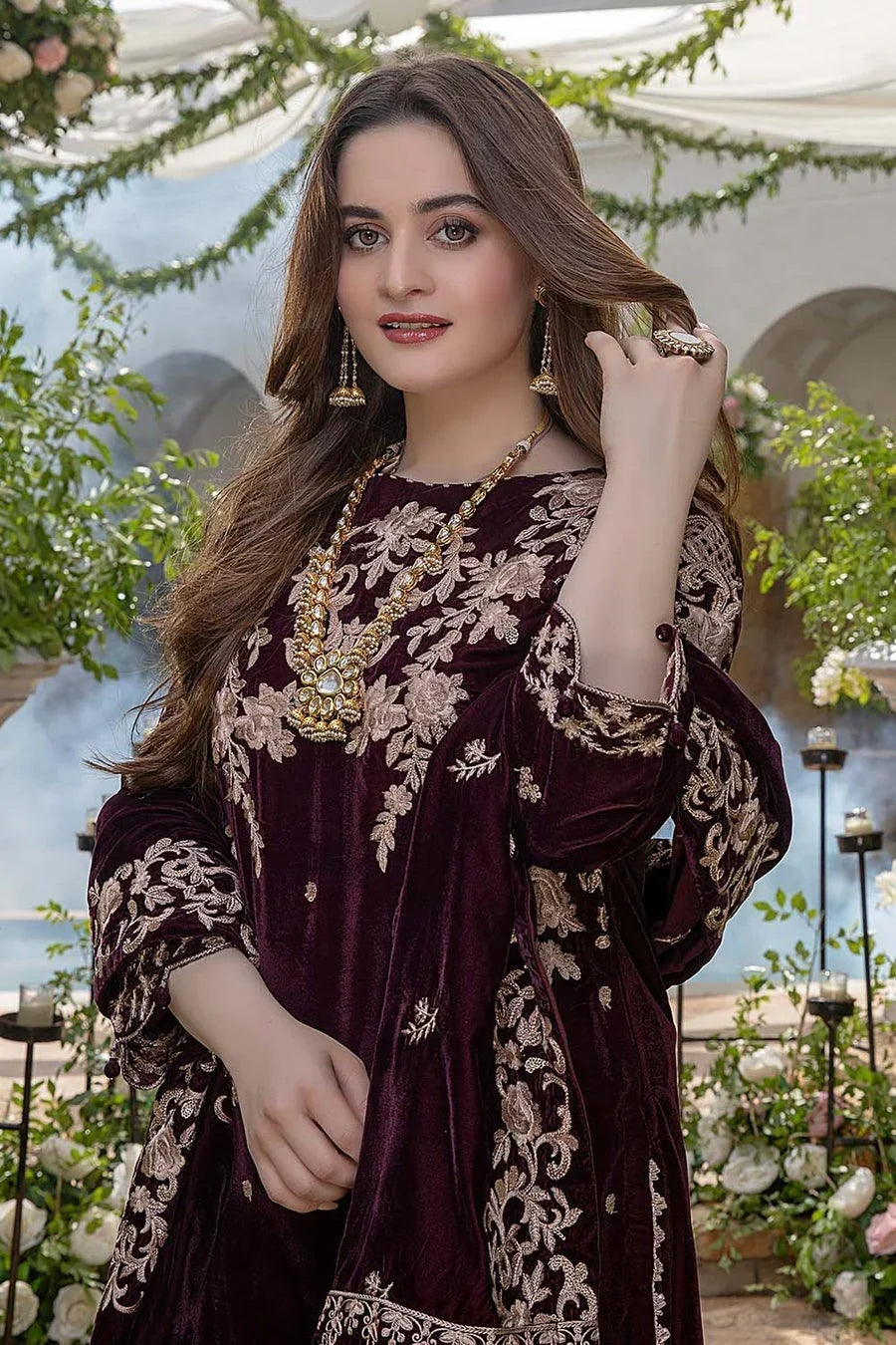 Luxury Maroon Velvet Embroidered 3-Piece Pakistani Suit with Embroidered Shawl | Women's Premium Wedding & Festive Wear