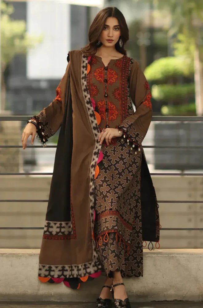 Elegant Brown Embroidered 3 Piece Lawn Suit with Printed Trousers & Contrast Dupatta for Women