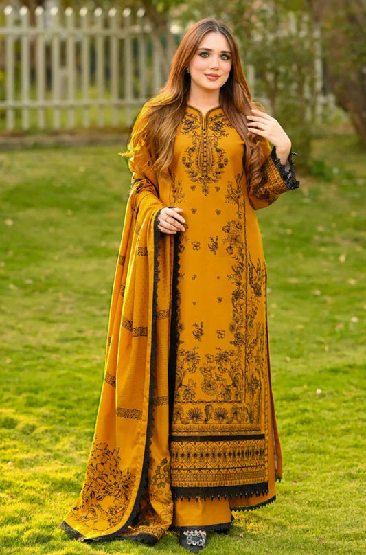Elegant Mustard Yellow Embroidered 3-Piece Pakistani Lawn Suit with Printed Shawl | Premium Women's Winter & Festive Wear