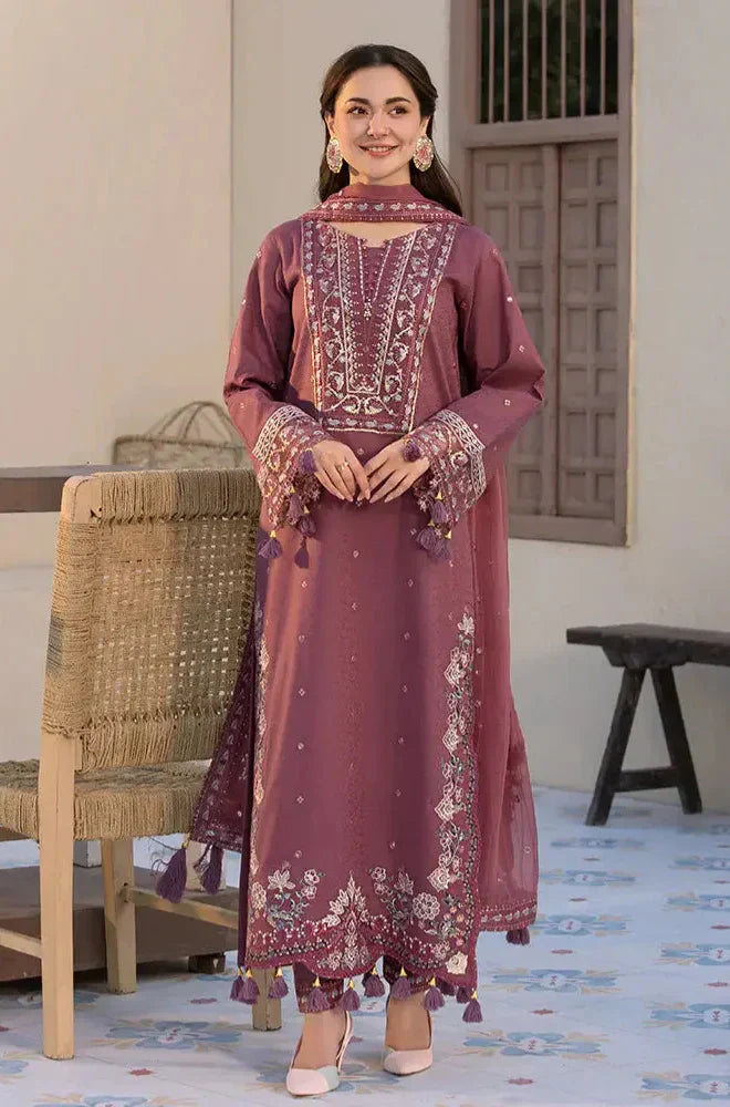 Elegant Mauve Embroidered 3 Piece Lawn Suit with Embroidered Dupatta for Women