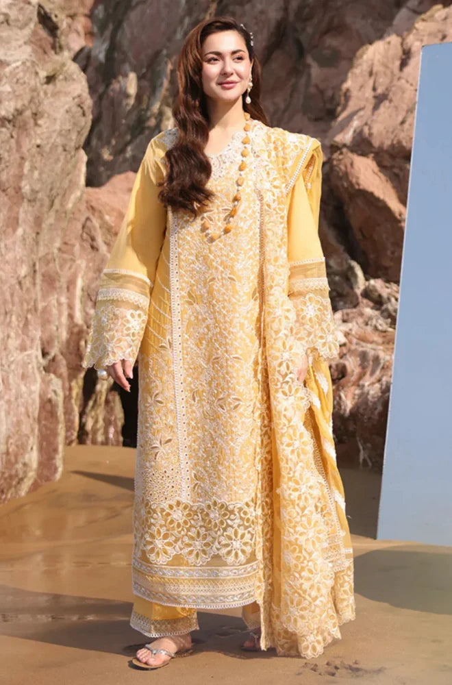 Luxury Mustard Yellow Embroidered 3 Piece Lawn Suit with Cutwork Dupatta for Women