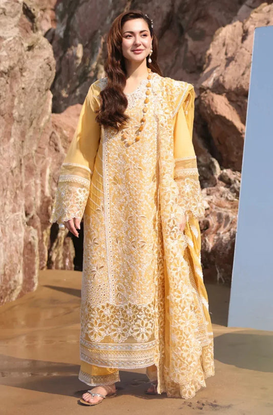 Luxury Mustard Yellow Embroidered 3 Piece Lawn Suit with Cutwork Dupatta for Women