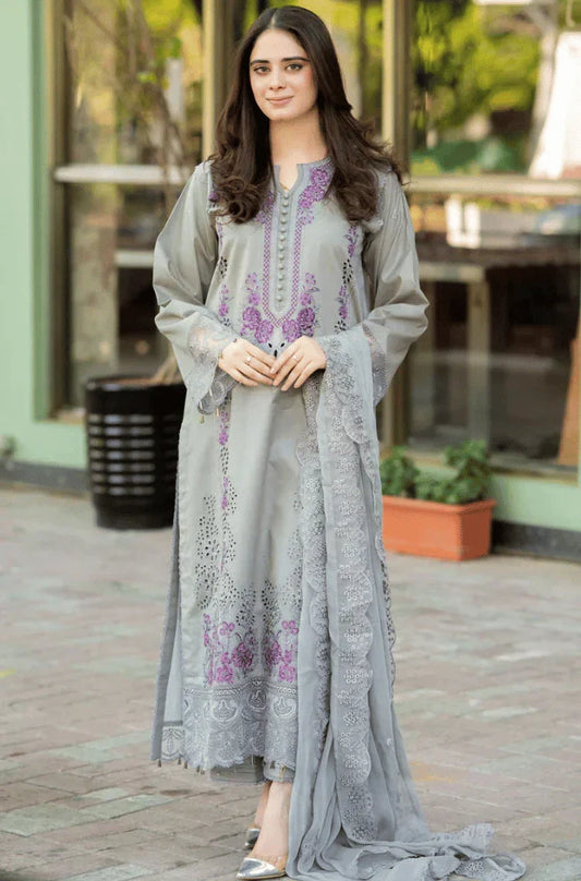 Elegant Grey Embroidered 3 Piece Lawn Suit with Embroidered Chiffon Dupatta for Women
