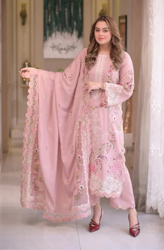 Elegant Blush Pink Embroidered 3 Piece Lawn Suit with Floral Embroidered Dupatta for Women