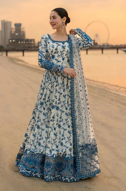 White & Blue Floral Printed Anarkali Dress for Women