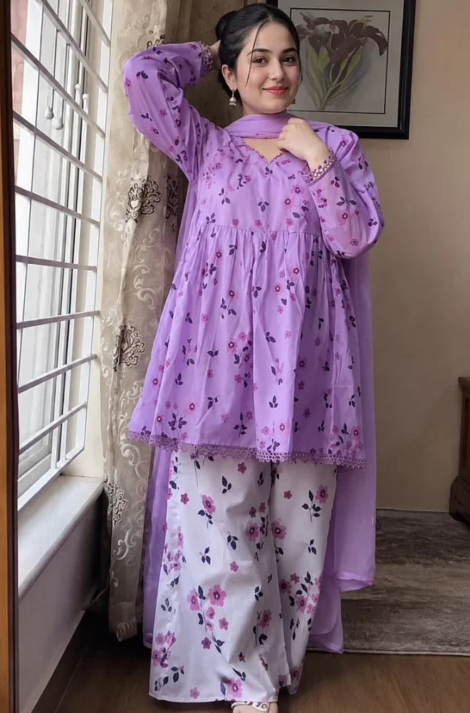 Women's Lavender Floral Printed 3-Piece Lawn Suit – Soft Summer Kurta with Printed Palazzo & Chiffon Dupatta | Elegant Casual & Festive Wear