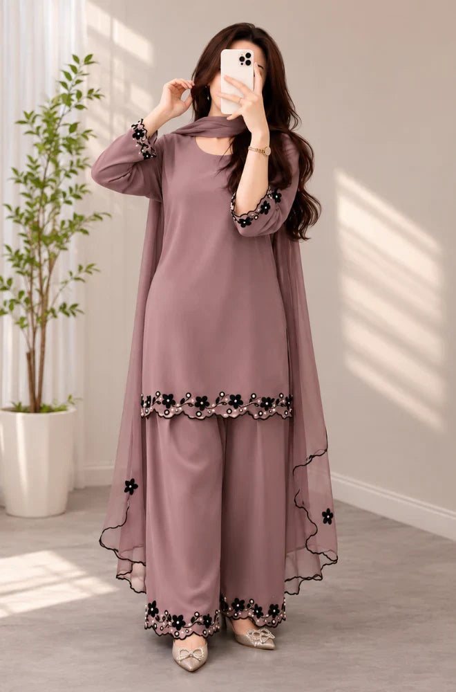 Elegant Mauve 3 Piece Chiffon Suit with Floral Appliqué & Matching Dupatta for Women
