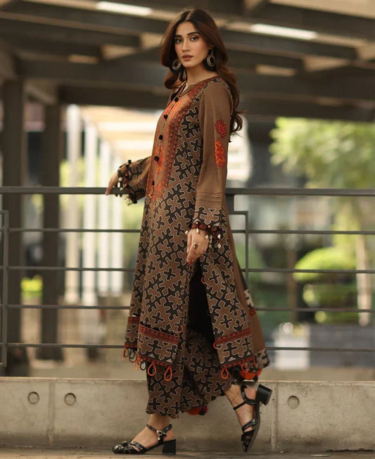 Elegant Brown Embroidered 3 Piece Lawn Suit with Printed Trousers & Contrast Dupatta for Women