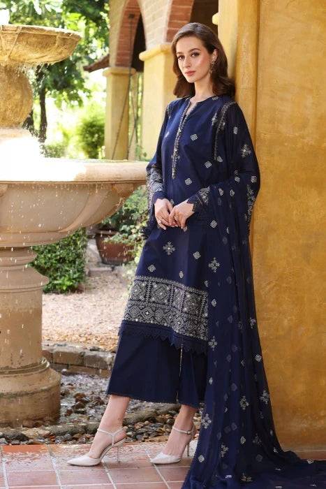 Luxury Navy Blue Embroidered 3-Piece Pakistani Suit with Chiffon Dupatta | Premium Women's Formal & Festive Wear