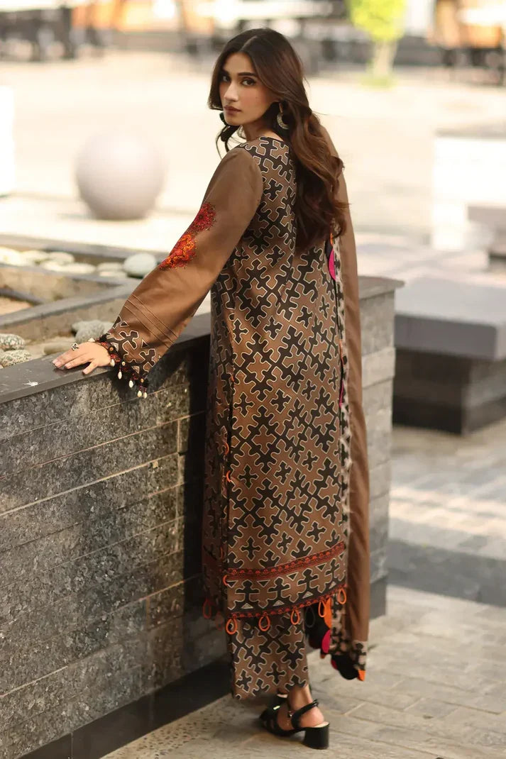 Elegant Brown Embroidered 3 Piece Lawn Suit with Printed Trousers & Contrast Dupatta for Women